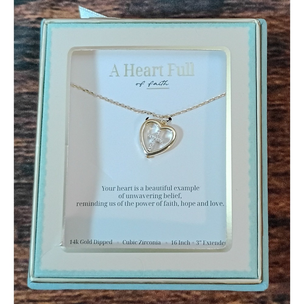 A Heart Full of Faith 14k Gold Dipped Cubic Zirconia‎ Heart Cross Necklace NIB